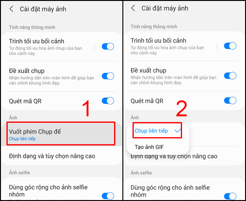 Vuốt phím để chụp liên tục